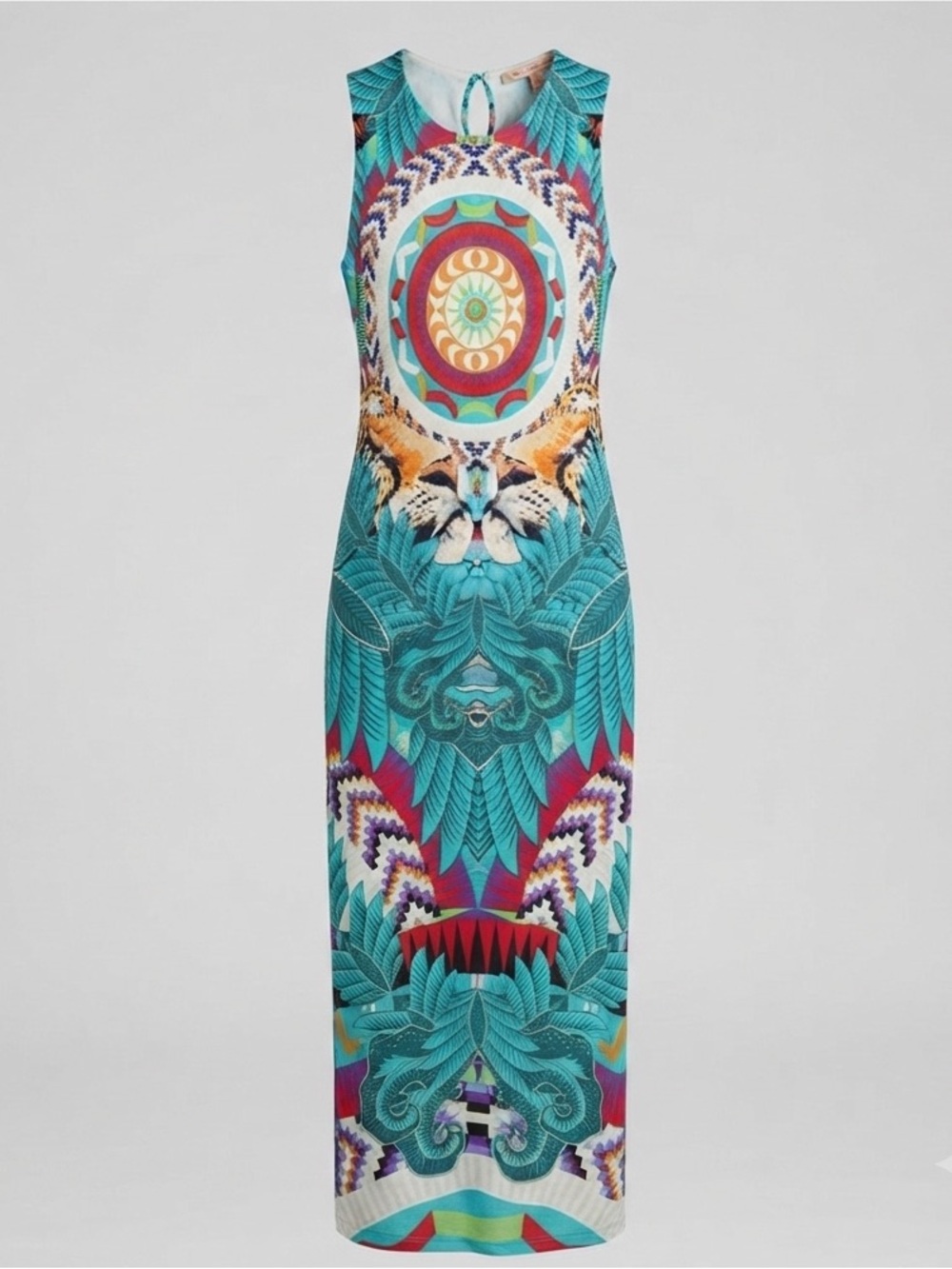 Mara Hoffman Teal Tribal Column Maxi Dress Jungle Trip Aztec Leopard Print Small